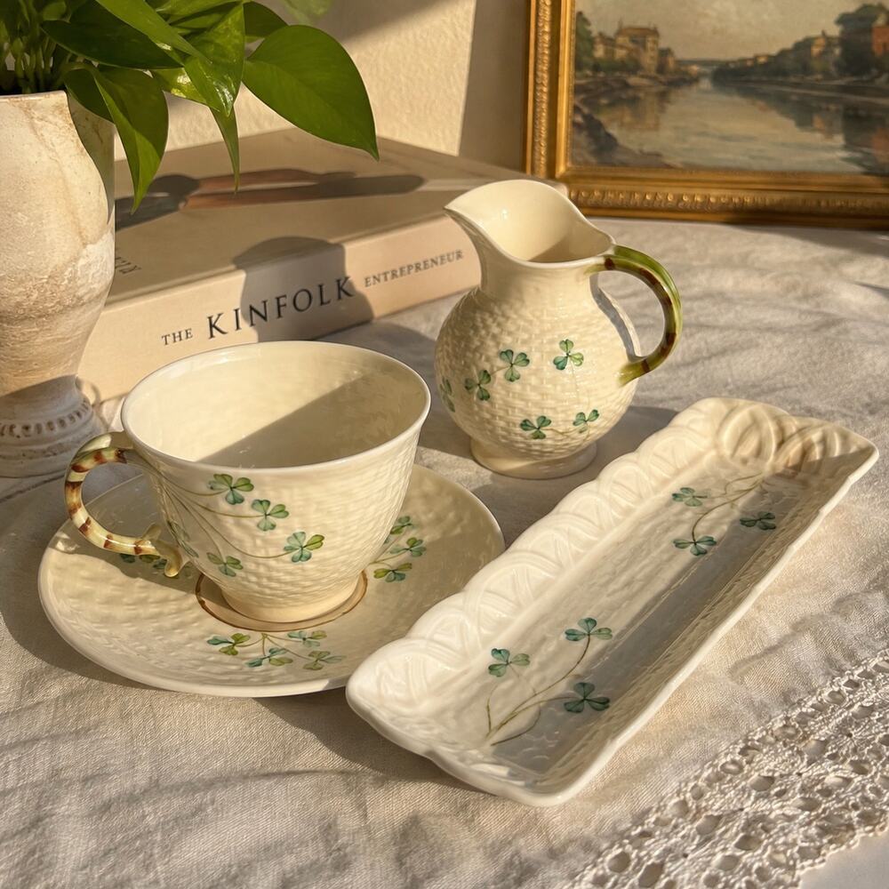 Belleek Ireland Shamrock Basketweave 4 Piece Tea Set Cup Saucer Creamer Tray